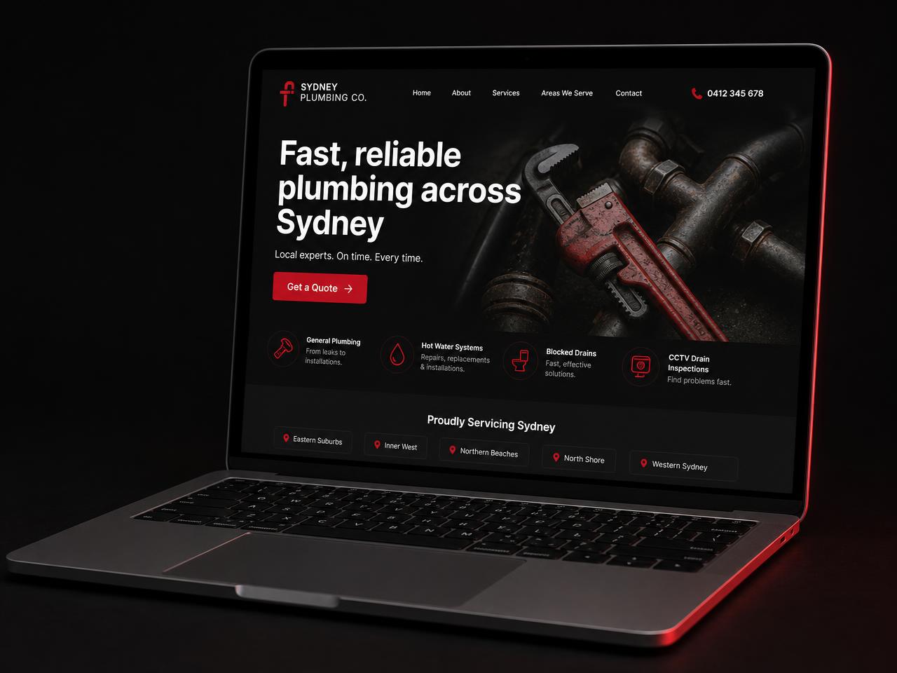 Laptop showing a modern dark themed plumbing services website built by Lucky 7 Digital
