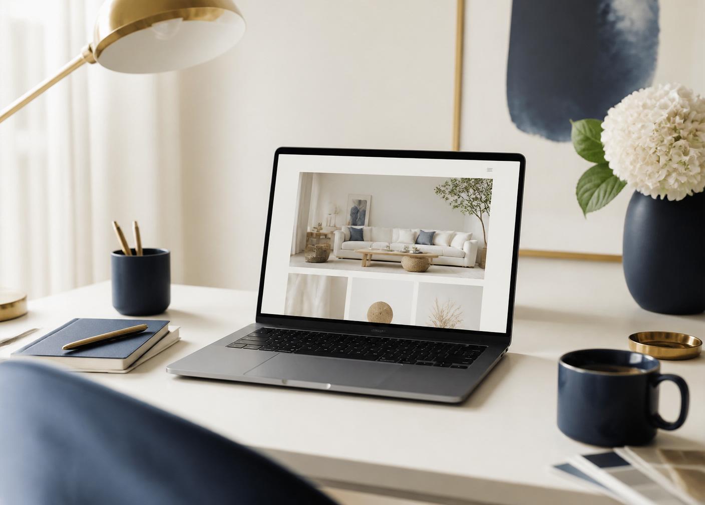 A designer's desk with a modern website open on a laptop